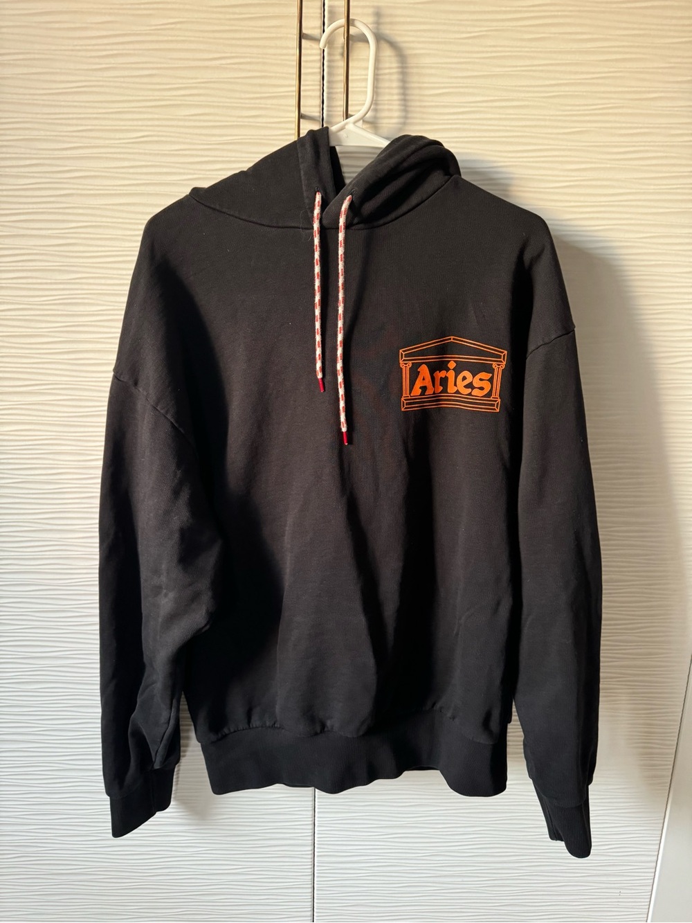 Aries Black Hoodie with Orange Logo - Men's Pullover Sweatshirt